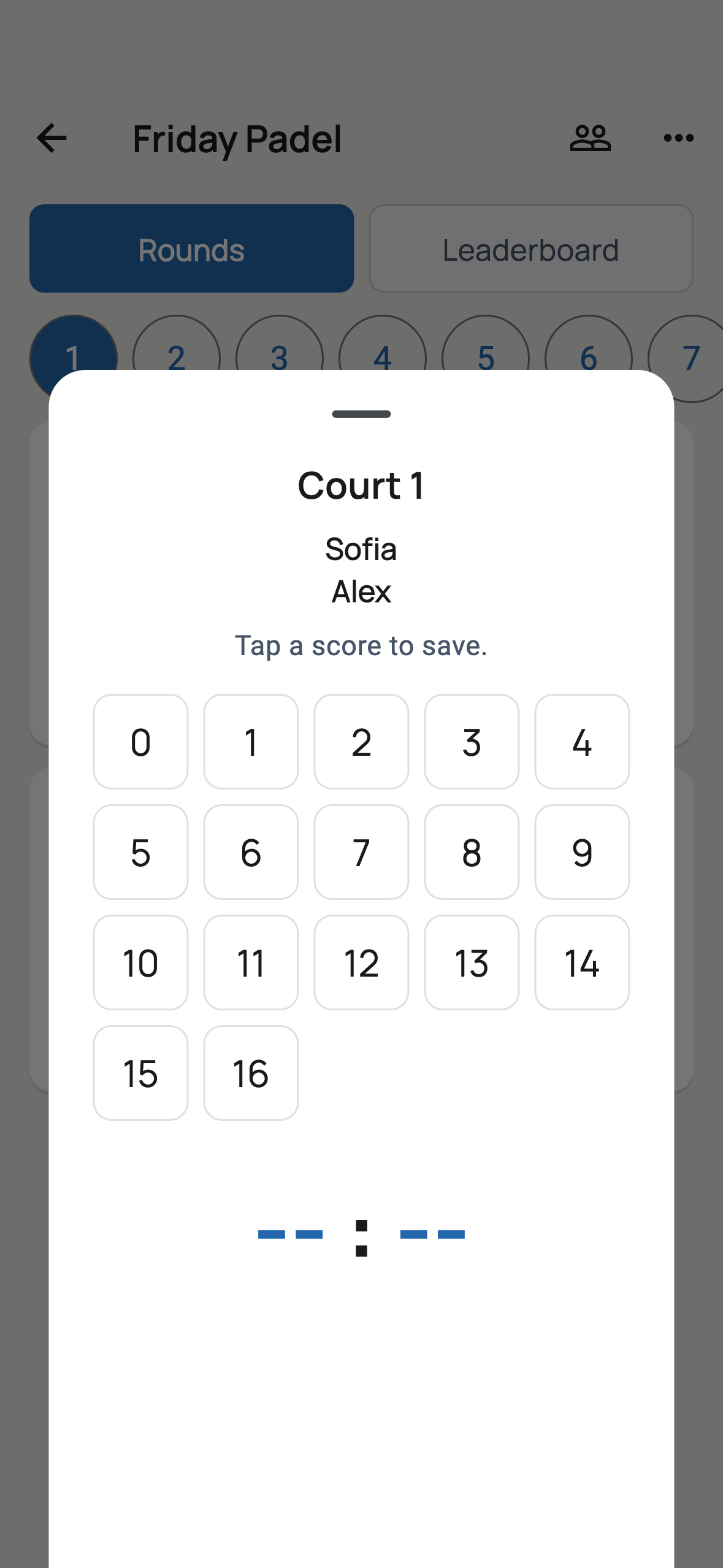 Grid-tap score entry in Mixano: tap a number and the opponent score fills in automatically