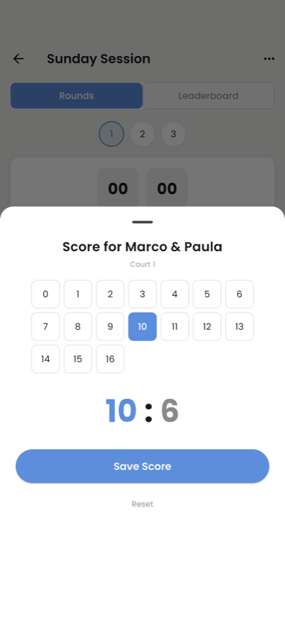 Grid-tap score entry in Mixano: tap a number and the opponent score fills in automatically