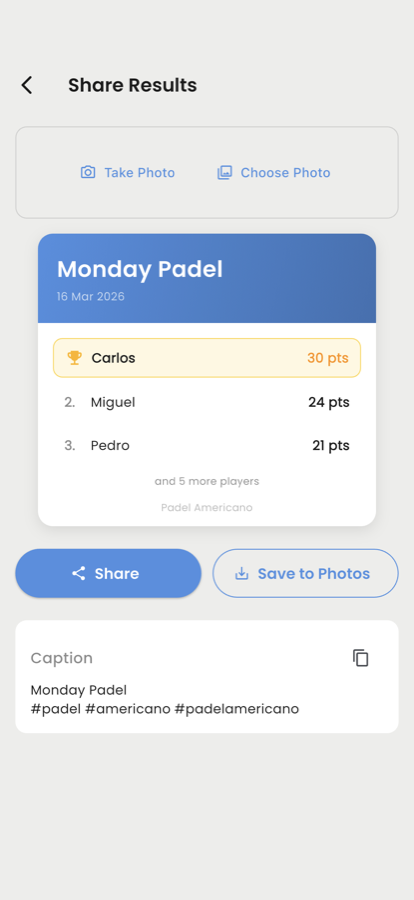 Mixano share screen with a results card ready to post